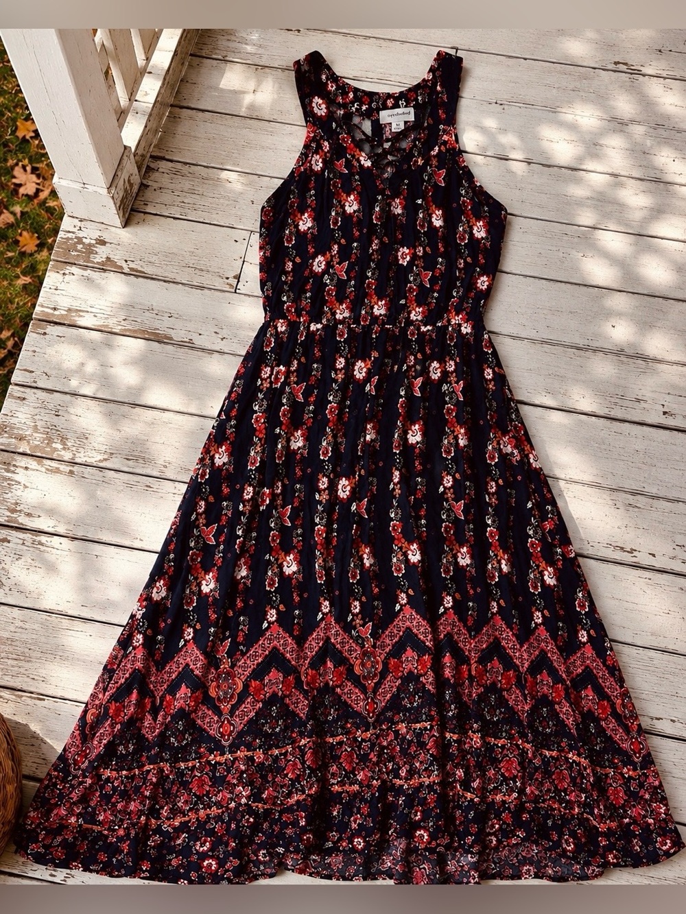 Eyeshadow Floral Boho Maxi Dress Lace Up Neck Sleeveless Racerback M